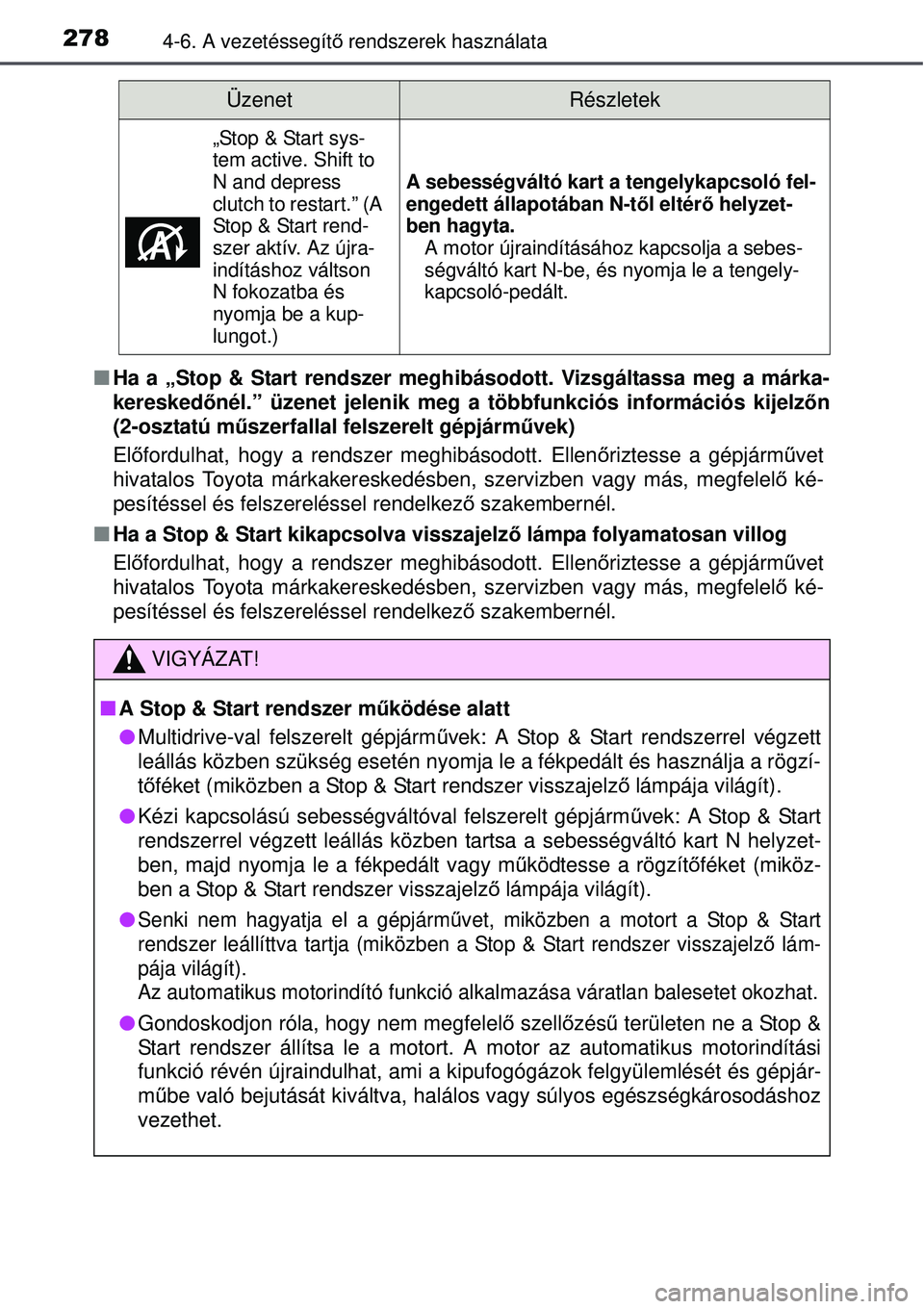 TOYOTA AURIS 2016 Kezelési útmutató (in Hungarian) 2784-6. A vezetéssegítő rendszerek használata
Ha a „Stop & Start rendszer meghibásodott. Vizsgáltassa meg a márka-
kereskedő nél.” üzenet jelenik meg a többfunkciós információs\
TOYOTA AURIS 2016 Kezelési útmutató (in Hungarian) 2784-6. A vezetéssegítő rendszerek használata
Ha a „Stop & Start rendszer meghibásodott. Vizsgáltassa meg a márka-
kereskedő nél.” üzenet jelenik meg a többfunkciós információs\