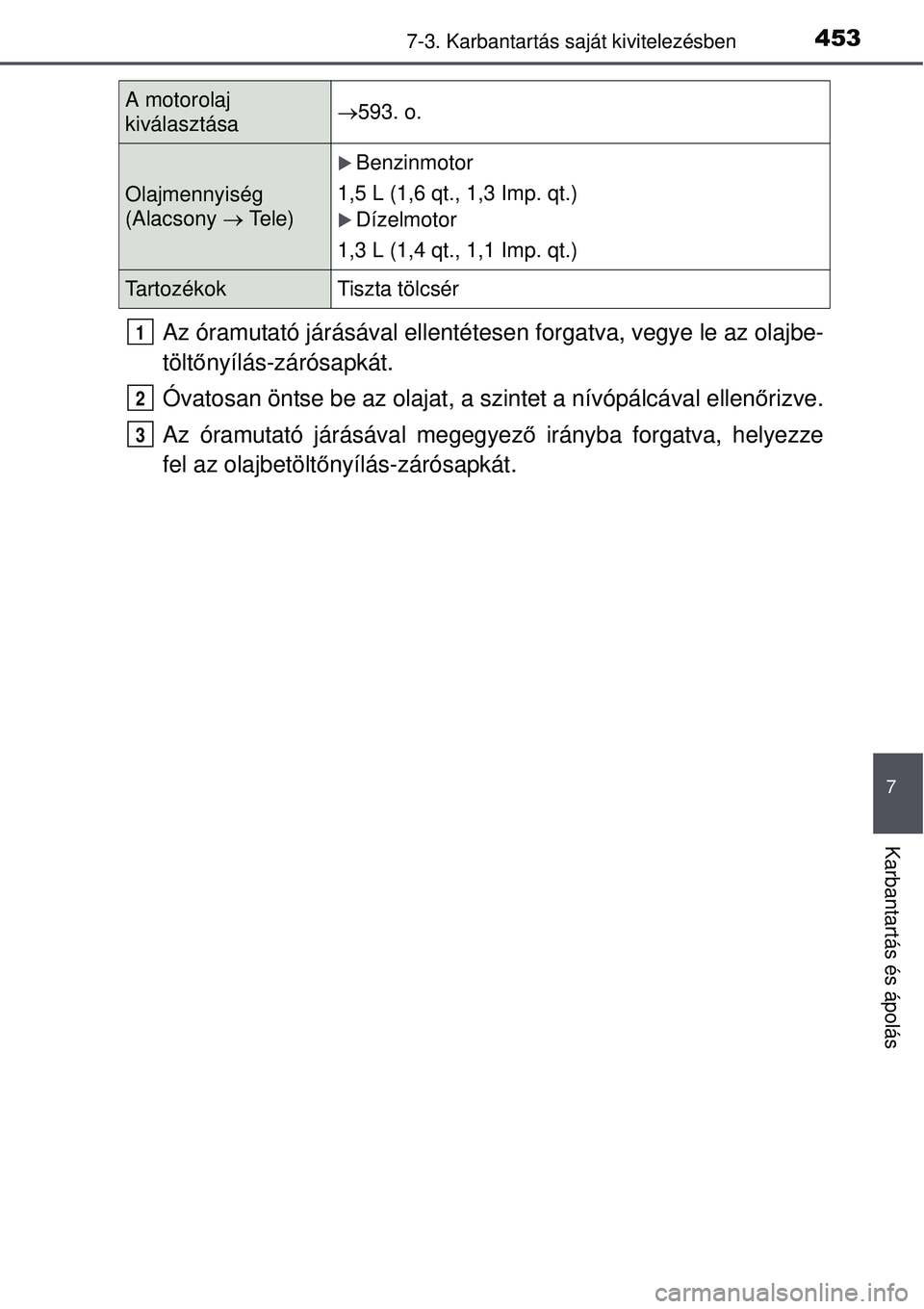 TOYOTA AURIS 2016 Kezelési útmutató (in Hungarian) 4537-3. Karbantartás saját kivitelezésben
7
Karbantartás és ápolás
Az óramutató járásával ellentétes en forgatva, vegye le az olajbe-
tölt őnyílás-zárósapkát.
Óvatosan öntse be a TOYOTA AURIS 2016 Kezelési útmutató (in Hungarian) 4537-3. Karbantartás saját kivitelezésben
7
Karbantartás és ápolás
Az óramutató járásával ellentétes en forgatva, vegye le az olajbe-
tölt őnyílás-zárósapkát.
Óvatosan öntse be a