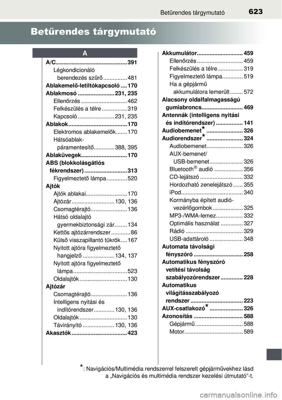 TOYOTA AURIS 2016  Kezelési útmutató (in Hungarian) 623Betűrendes tárgymutató
Betűrendes tárgymutató
A/C............................................. 391
Légkondicionáló 
berendezés sz űrő ............... 481
Ablakemel ő-letiltókapcsoló 