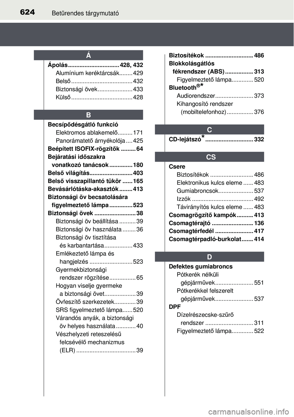 TOYOTA AURIS 2016 Kezelési útmutató (in Hungarian) 624Betűrendes tárgymutató
Ápolás ................... ............ 428, 432
Alumínium keréktárcsák........ 429
Bels ő...................... ............... 432
Biztonsági övek ............. TOYOTA AURIS 2016 Kezelési útmutató (in Hungarian) 624Betűrendes tárgymutató
Ápolás ................... ............ 428, 432
Alumínium keréktárcsák........ 429
Bels ő...................... ............... 432
Biztonsági övek .............
