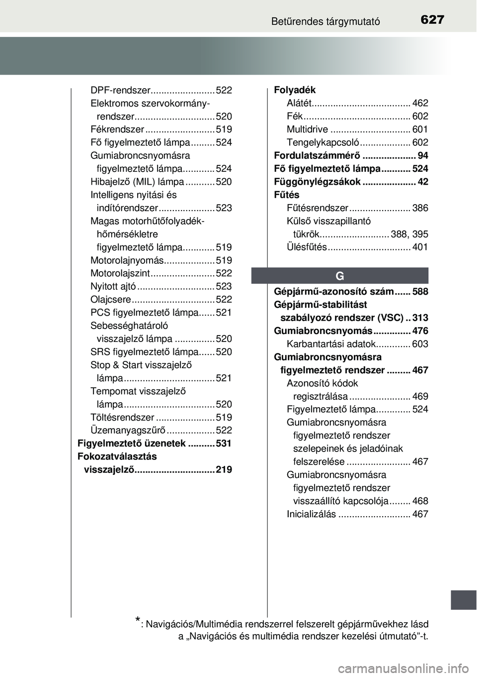 TOYOTA AURIS 2016 Kezelési útmutató (in Hungarian) 627Betűrendes tárgymutató
DPF-rendszer........................ 522
Elektromos szervokormány-
rendszer.......... .................... 520
Fékrendszer ...... .................... 519
Fő figyelmez TOYOTA AURIS 2016 Kezelési útmutató (in Hungarian) 627Betűrendes tárgymutató
DPF-rendszer........................ 522
Elektromos szervokormány-
rendszer.......... .................... 520
Fékrendszer ...... .................... 519
Fő figyelmez