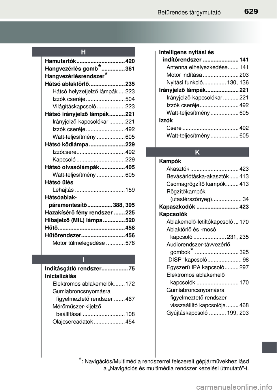 TOYOTA AURIS 2016 Kezelési útmutató (in Hungarian) 629Betűrendes tárgymutató
Hamutartók ........... .................... 420
Hangvezérlés gomb
*............... 361
Hangvezérlésrendszer
*
Hátsó ablaktörl ő....................... 235
Hátsó TOYOTA AURIS 2016 Kezelési útmutató (in Hungarian) 629Betűrendes tárgymutató
Hamutartók ........... .................... 420
Hangvezérlés gomb
*............... 361
Hangvezérlésrendszer
*
Hátsó ablaktörl ő....................... 235
Hátsó