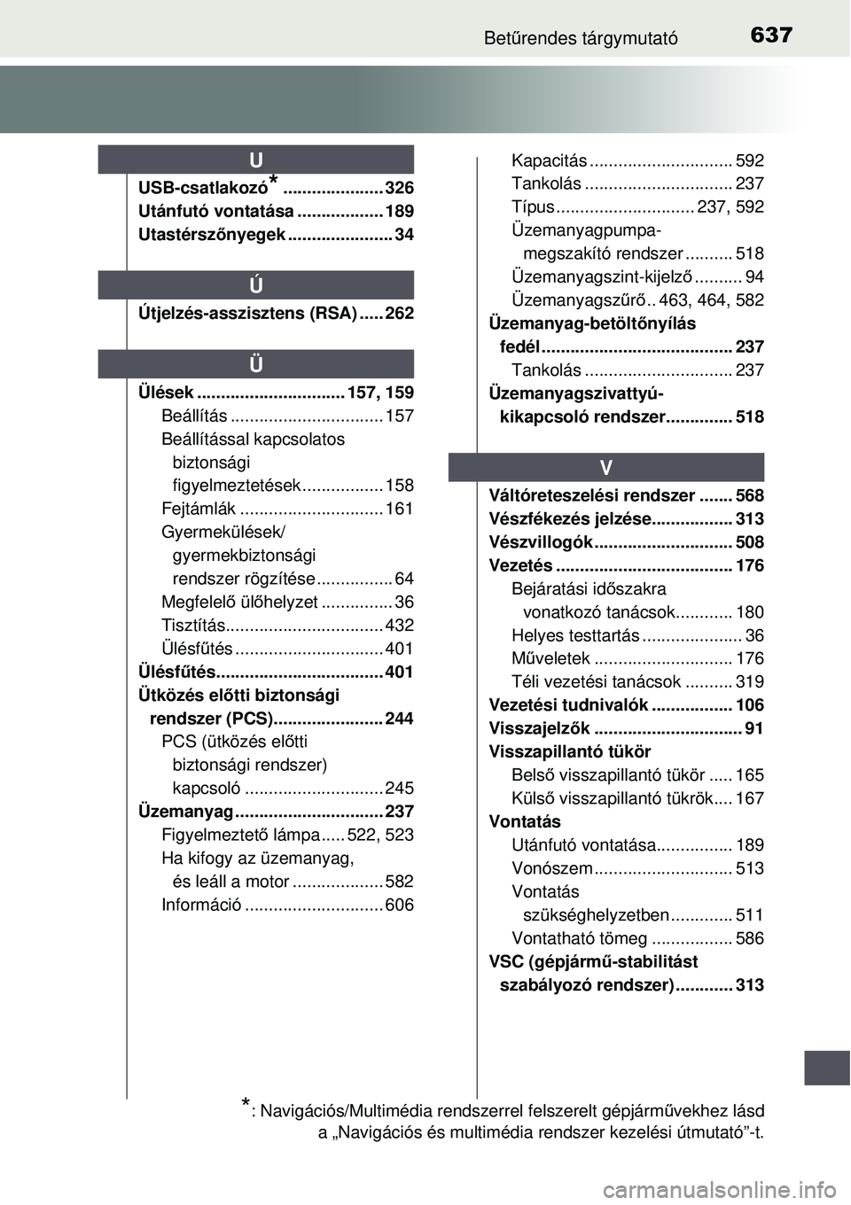 TOYOTA AURIS 2016  Kezelési útmutató (in Hungarian) 637Betűrendes tárgymutató
USB-csatlakozó*..................... 326
Utánfutó vontatása .................. 189
Utastérsz őnyegek ...................... 34
Útjelzés-asszisztens (RSA) ..... 262