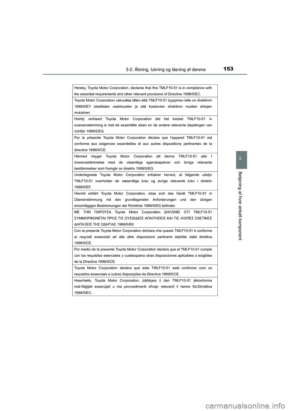 TOYOTA AURIS 2016 Brugsanvisning (in Danish) 1533-2. Åbning, lukning og låsning af dørene
OM12J21DK
3
Betjening af hver enkelt komponent
Hereby, Toyota Motor Corporation, declares that this TMLF10-51 is in compliance with
the essential requi TOYOTA AURIS 2016 Brugsanvisning (in Danish) 1533-2. Åbning, lukning og låsning af dørene
OM12J21DK
3
Betjening af hver enkelt komponent
Hereby, Toyota Motor Corporation, declares that this TMLF10-51 is in compliance with
the essential requi