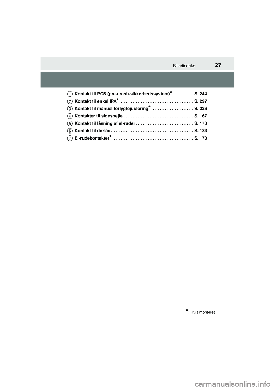 TOYOTA AURIS 2016  Brugsanvisning (in Danish) 27Billedindeks
OM12J21DKKontakt til PCS (pre-crash-sikkerhedssystem)
*. . . . . . . . . S. 244
Kontakt til enkel IPA
* . . . . . . . . . . . . . . . . . . . . . . . . . . . . . . S. 297
Kontakt til ma