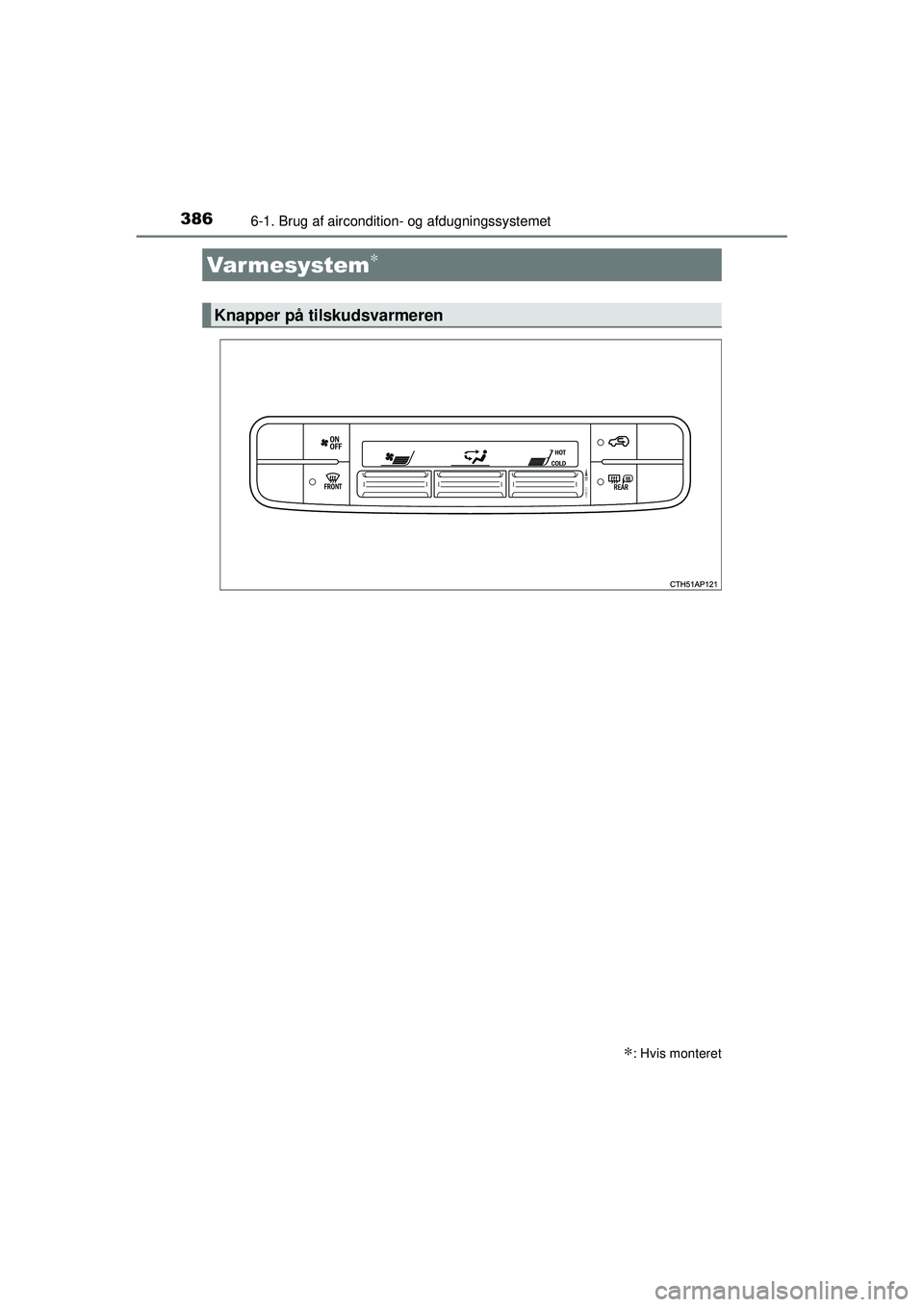 TOYOTA AURIS 2016  Brugsanvisning (in Danish) 386
OM12J21DK
6-1. Brug af aircondition- og afdugningssystemet
Varmesystem∗
∗: Hvis monteret
Knapper på tilskudsvarmeren
OM12J21DK.book  Page 386  Friday, May 29, 2015  11:15 AM 