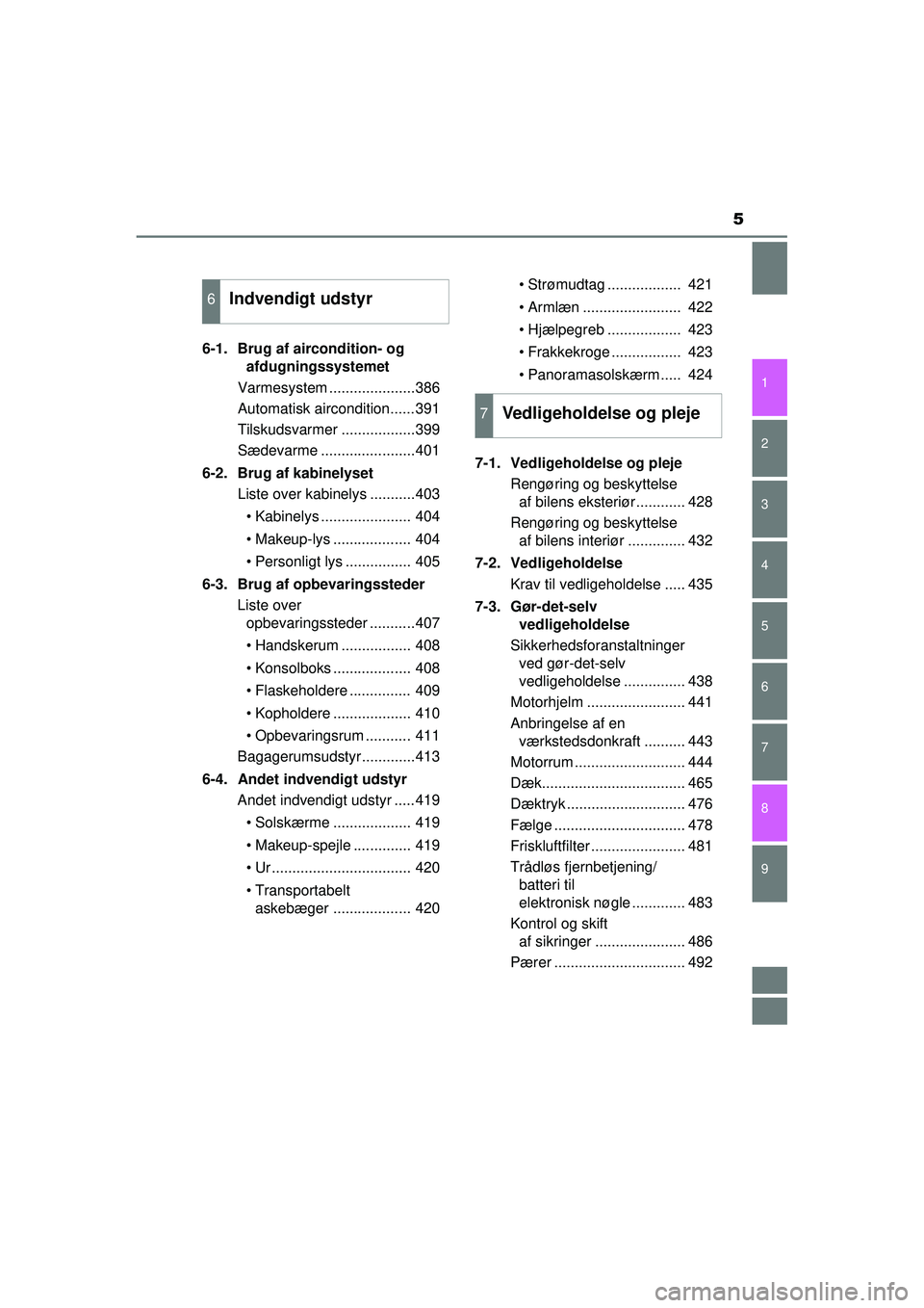 TOYOTA AURIS 2016  Brugsanvisning (in Danish) 5
1
9 8
7 5 4
3
2
OM12J21DK
6
6-1.  Brug af aircondition- og afdugningssystemet
Varmesystem .....................386
Automatisk aircondition......391
Tilskudsvarmer ..................399
Sædevarme ..