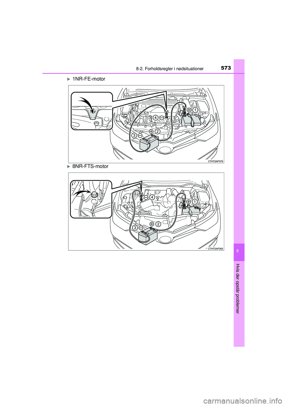 TOYOTA AURIS 2016  Brugsanvisning (in Danish) 5738-2. Forholdsregler i nødsituationer
OM12J21DK
8
Hvis der opstår problemer
�X1NR-FE-motor
�X8NR-FTS-motor
OM12J21DK.book  Page 573  Friday, May 29, 2015  11:15 AM 