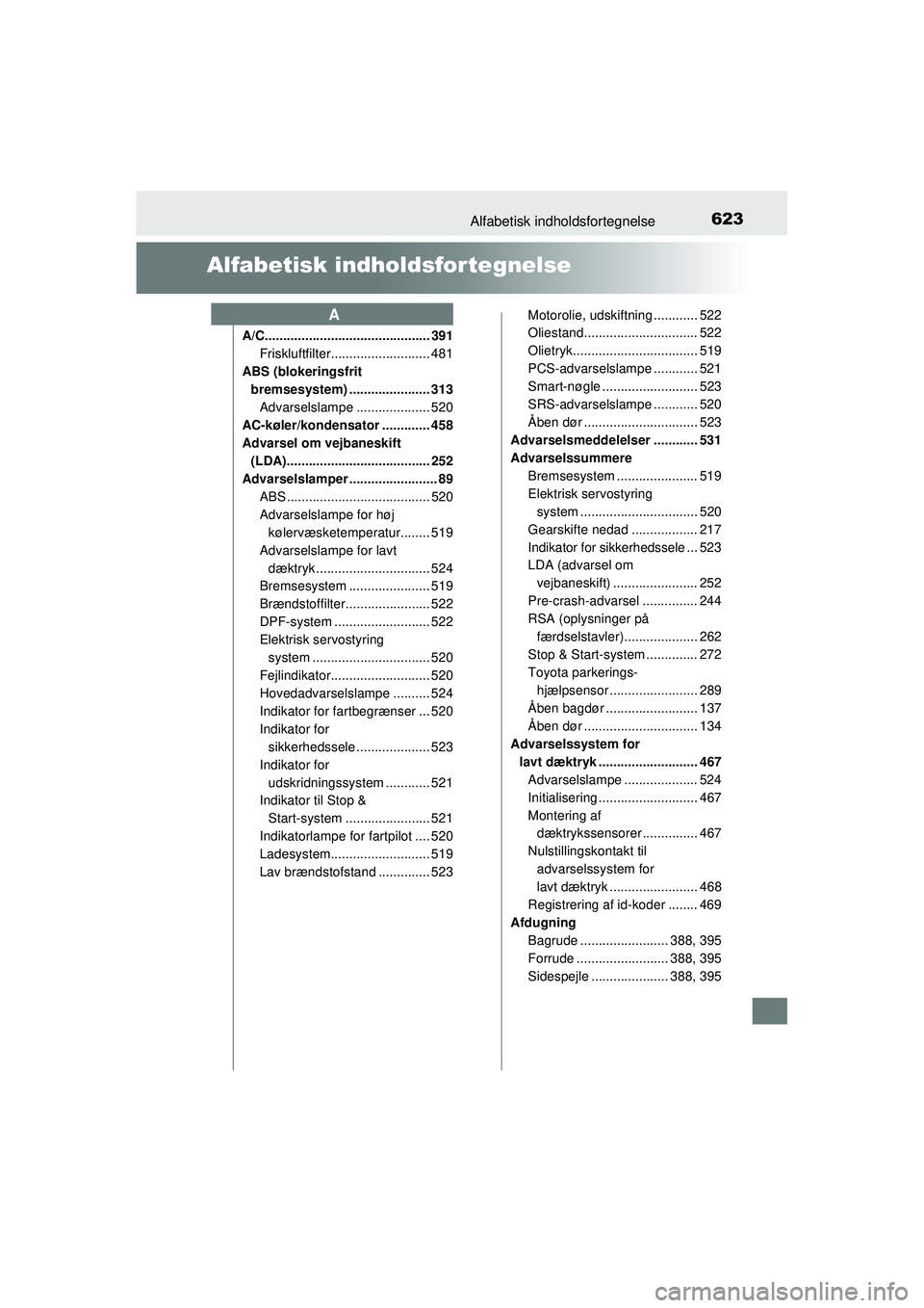 TOYOTA AURIS 2016 Brugsanvisning (in Danish) 623
OM12J21DK
Alfabetisk indholdsfortegnelse
Alfabetisk indholdsfortegnelse
A/C............................................. 391Friskluftfilter........................... 481
ABS (blokeringsfrit brem TOYOTA AURIS 2016 Brugsanvisning (in Danish) 623
OM12J21DK
Alfabetisk indholdsfortegnelse
Alfabetisk indholdsfortegnelse
A/C............................................. 391Friskluftfilter........................... 481
ABS (blokeringsfrit brem
