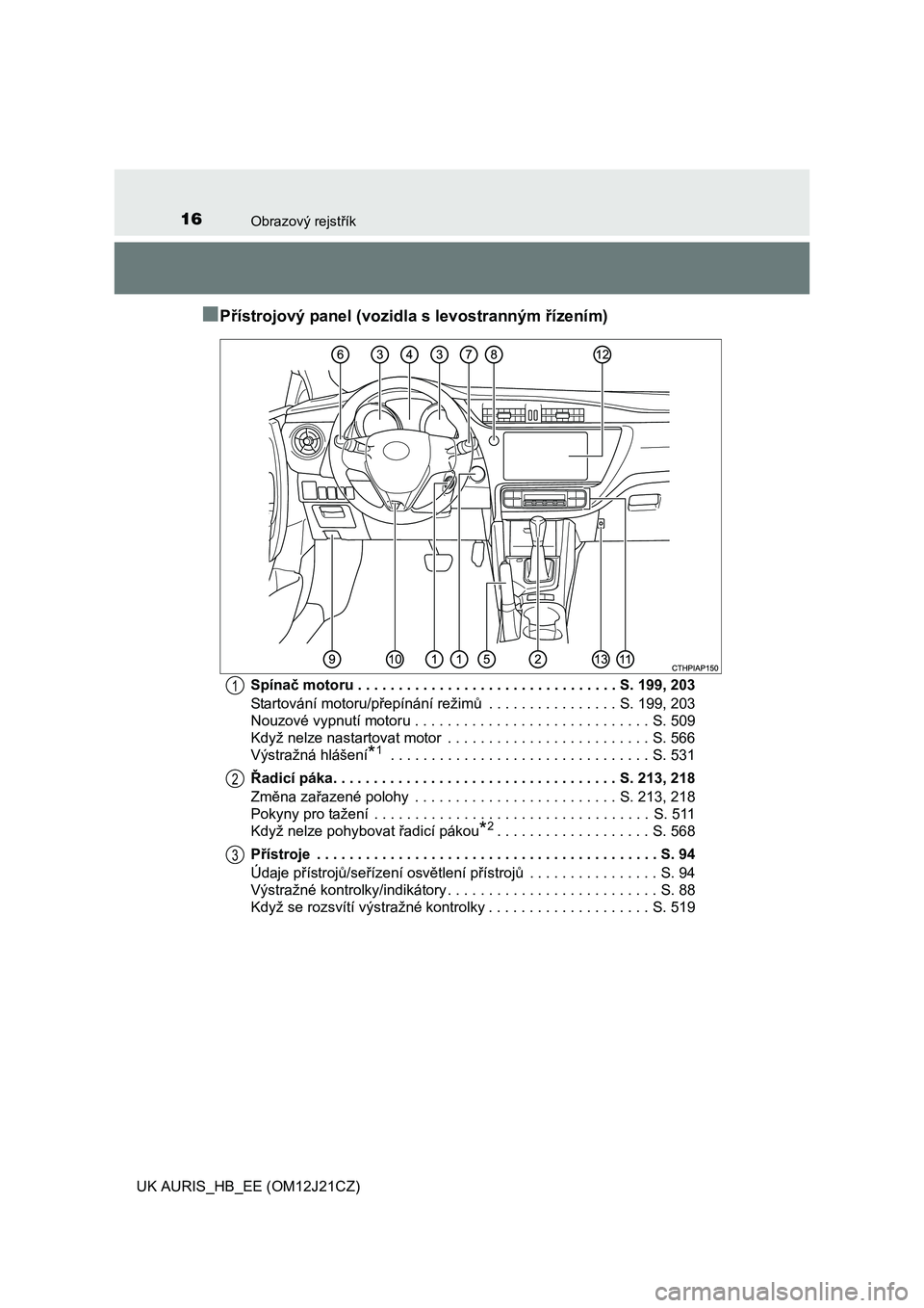 TOYOTA AURIS 2016  Návod na použití (in Czech) 16Obrazový rejstřík
UK AURIS_HB_EE (OM12J21CZ)
■Přístrojový panel (vozidla s levostranným řízením)
Spínač motoru . . . . . . . . . . . . . . . . . . . . . . . . . . . . . . . . S. 199, 2