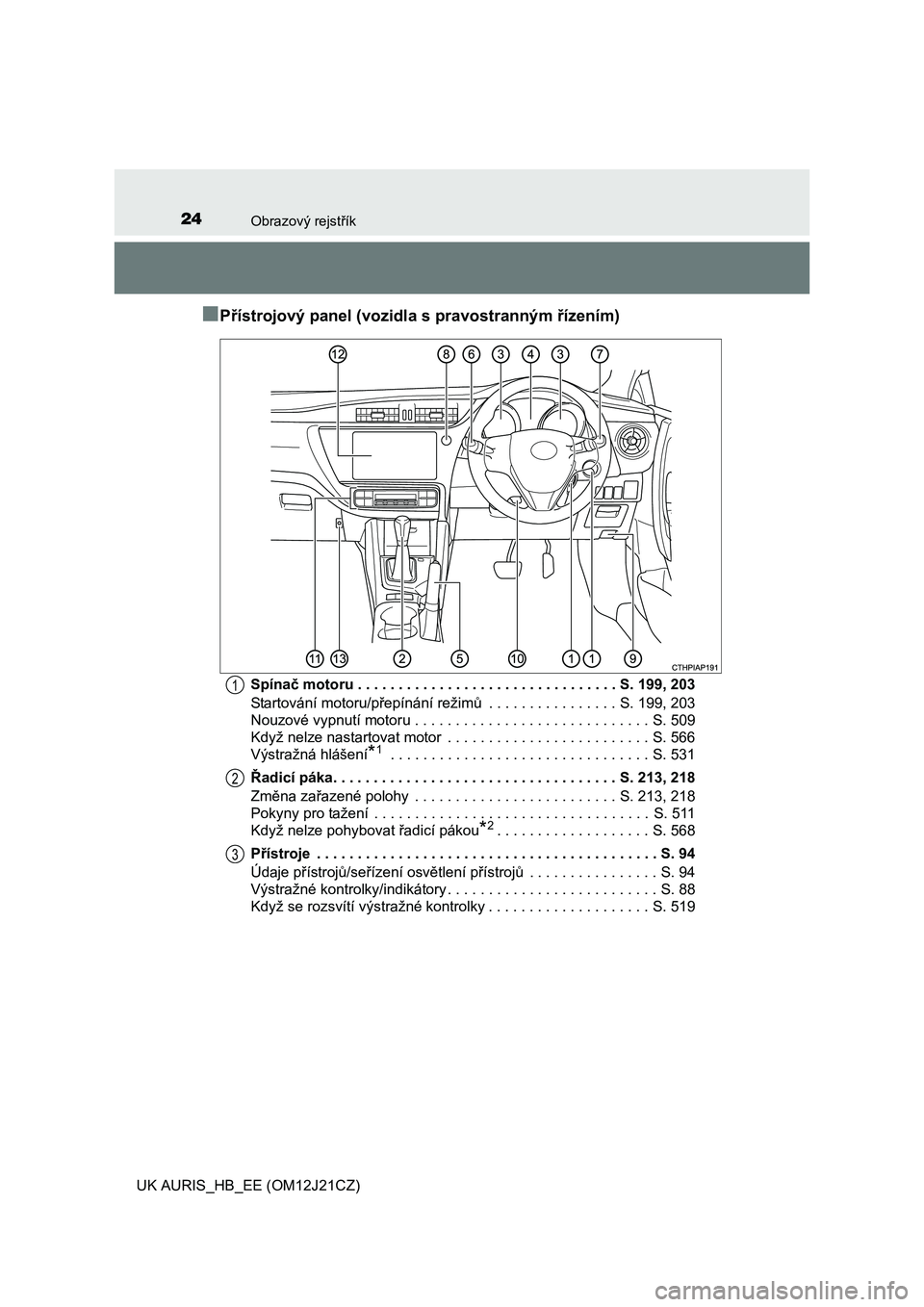 TOYOTA AURIS 2016  Návod na použití (in Czech) 24Obrazový rejstřík
UK AURIS_HB_EE (OM12J21CZ)
■Přístrojový panel (vozidla s pravostranným řízením)
Spínač motoru . . . . . . . . . . . . . . . . . . . . . . . . . . . . . . . . S. 199, 