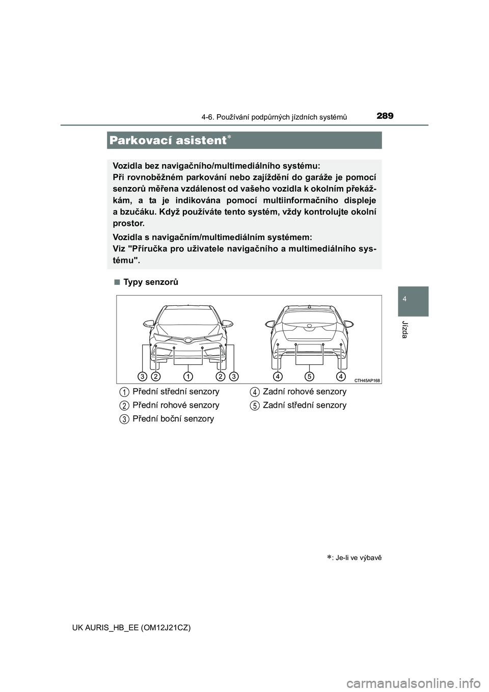 TOYOTA AURIS 2016 Návod na použití (in Czech) 2894-6. Používání podpůrných jízdních systémů
UK AURIS_HB_EE (OM12J21CZ)
4
Jízda
■Typy senzorů
Parkovací asistent
: Je-li ve výbavě
Vozidla bez navigačního/multimediálního s TOYOTA AURIS 2016 Návod na použití (in Czech) 2894-6. Používání podpůrných jízdních systémů
UK AURIS_HB_EE (OM12J21CZ)
4
Jízda
■Typy senzorů
Parkovací asistent
: Je-li ve výbavě
Vozidla bez navigačního/multimediálního s