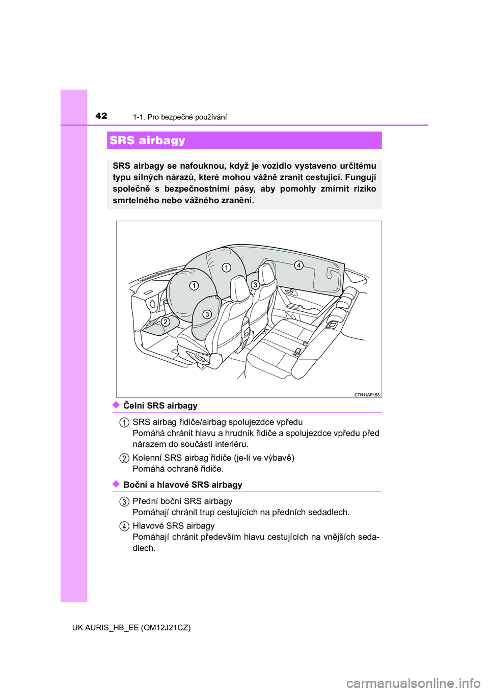 TOYOTA AURIS 2016  Návod na použití (in Czech) 421-1. Pro bezpečné používání
UK AURIS_HB_EE (OM12J21CZ)
◆Čelní SRS airbagy
SRS airbag řidiče/airbag spolujezdce vpředu
Pomáhá chránit hlavu a hrudník řidiče a spolujezdce vpředu p