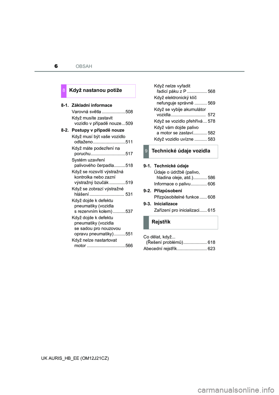 TOYOTA AURIS 2016  Návod na použití (in Czech) OBSAH6
UK AURIS_HB_EE (OM12J21CZ)8-1. Základní informace
Varovná světla ...................508
Když musíte zastavit 
vozidlo v případě nouze...509
8-2.  Postupy v případě nouze
Když musí