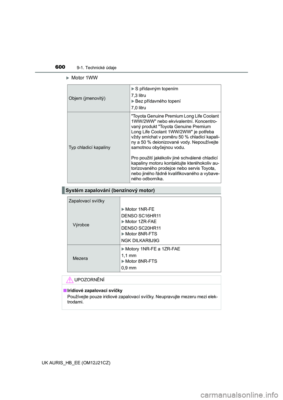 TOYOTA AURIS 2016  Návod na použití (in Czech) 6009-1. Technické údaje
UK AURIS_HB_EE (OM12J21CZ)
Motor 1WW
Objem (jmenovitý)
S přídavným topením
7,3 litru
Bez přídavného topení
7,0 litru
Typ chladicí kapaliny"Toyota Genuine P