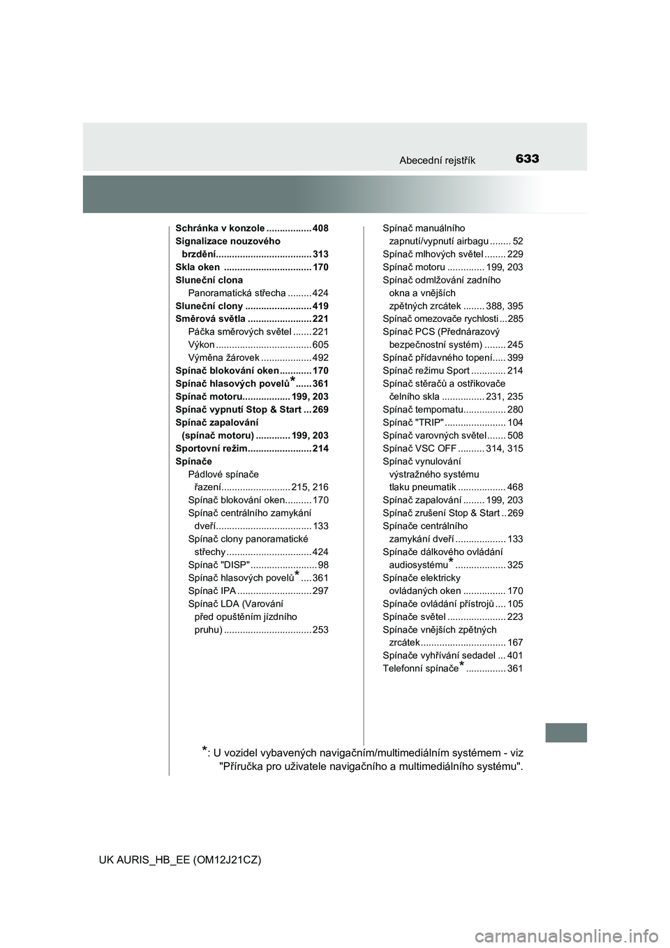 TOYOTA AURIS 2016  Návod na použití (in Czech) 633Abecední rejstřík
UK AURIS_HB_EE (OM12J21CZ)
Schránka v konzole ................. 408
Signalizace nouzového 
brzdění.................................... 313
Skla oken  ......................