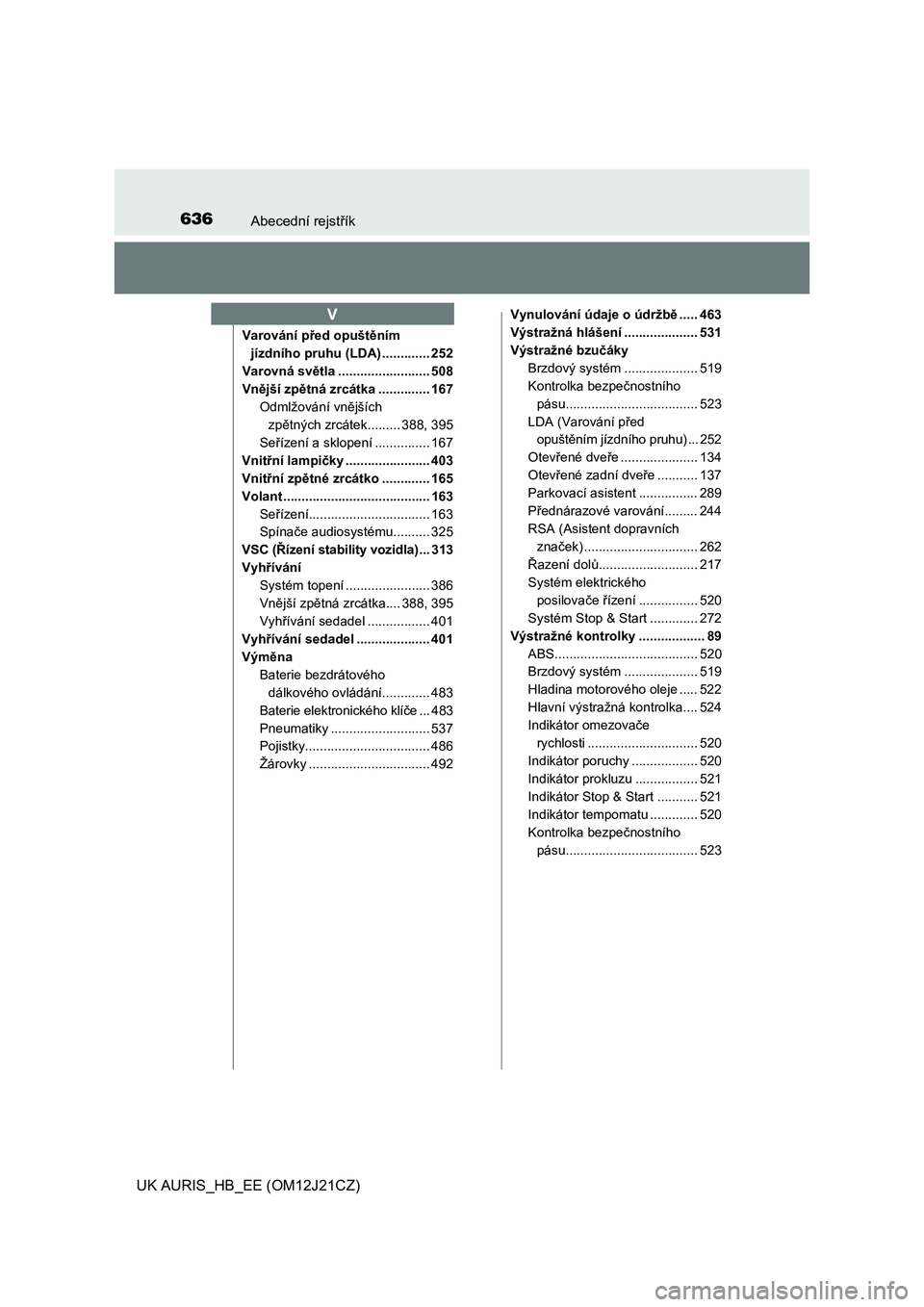 TOYOTA AURIS 2016  Návod na použití (in Czech) 636Abecední rejstřík
UK AURIS_HB_EE (OM12J21CZ)
Varování před opuštěním 
jízdního pruhu (LDA) ............. 252
Varovná světla ......................... 508
Vnější zpětná zrcátka ..