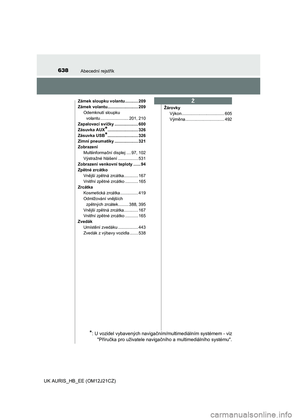TOYOTA AURIS 2016  Návod na použití (in Czech) 638Abecední rejstřík
UK AURIS_HB_EE (OM12J21CZ)
Zámek sloupku volantu ........... 209
Zámek volantu.......................... 209
Odemknutí sloupku 
volantu ........................ 201, 210
Zap