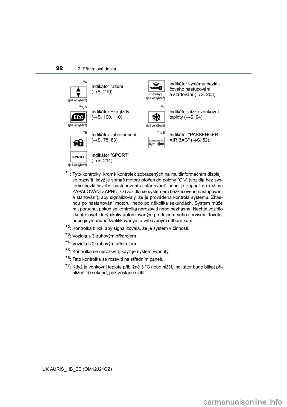 TOYOTA AURIS 2016  Návod na použití (in Czech) 922. Přístrojová deska
UK AURIS_HB_EE (OM12J21CZ)
*1: Tyto kontrolky, kromě kontrolek zobrazených na multiinformačním displeji,
se rozsvítí, když je spínač motoru otočen do polohy "ON" (v