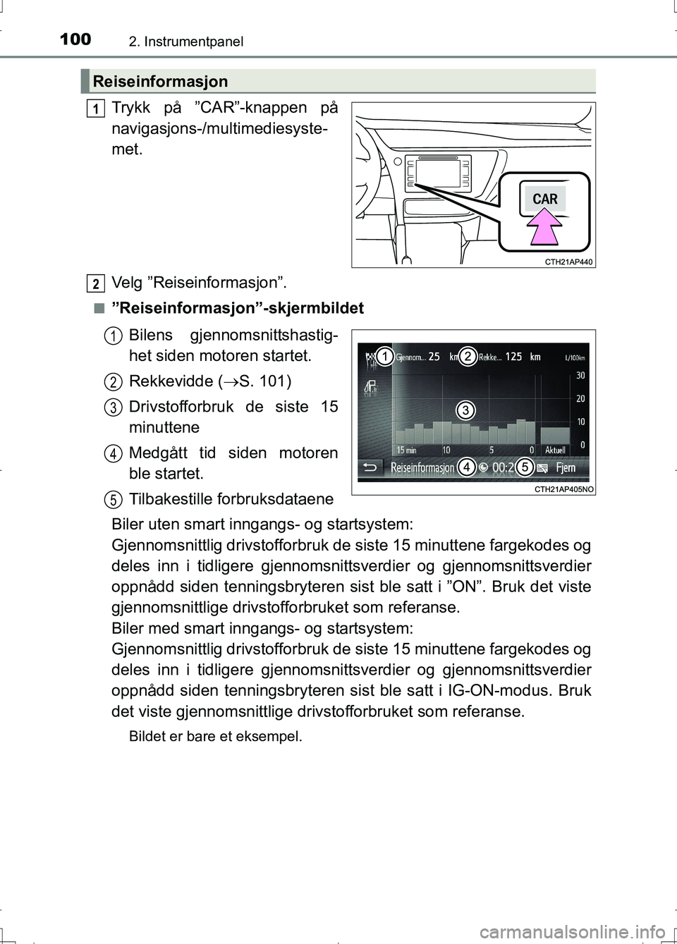 TOYOTA AURIS 2016  Instruksjoner for bruk (in Norwegian) 1002. Instrumentpanel
OM12J31NO
Trykk på ”CAR”-knappen på
navigasjons-/multimediesyste-
met.
Velg ”Reiseinformasjon”.
n”Reiseinformasjon”-skjermbildetBilens gjennomsnittshastig-
het side