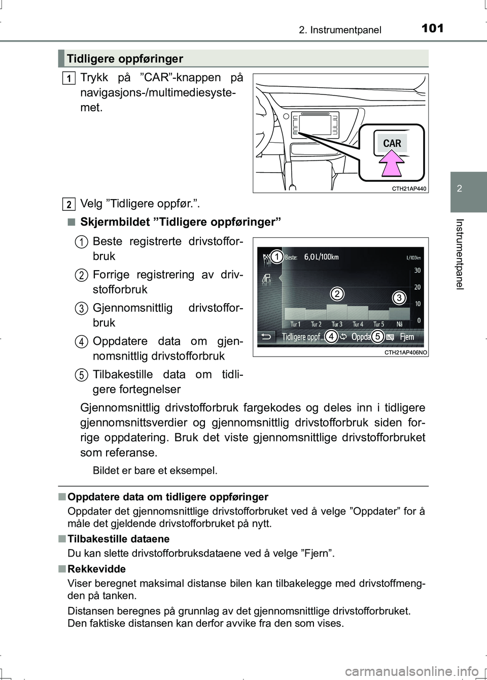 TOYOTA AURIS 2016 Instruksjoner for bruk (in Norwegian) 1012. Instrumentpanel
OM12J31NO
2
Instrumentpanel
Trykk på ”CAR”-knappen på
navigasjons-/multimediesyste-
met.
Velg ”Tidligere oppfør.”.
nSkjermbildet ”Tidligere oppføringer”Beste regi TOYOTA AURIS 2016 Instruksjoner for bruk (in Norwegian) 1012. Instrumentpanel
OM12J31NO
2
Instrumentpanel
Trykk på ”CAR”-knappen på
navigasjons-/multimediesyste-
met.
Velg ”Tidligere oppfør.”.
nSkjermbildet ”Tidligere oppføringer”Beste regi