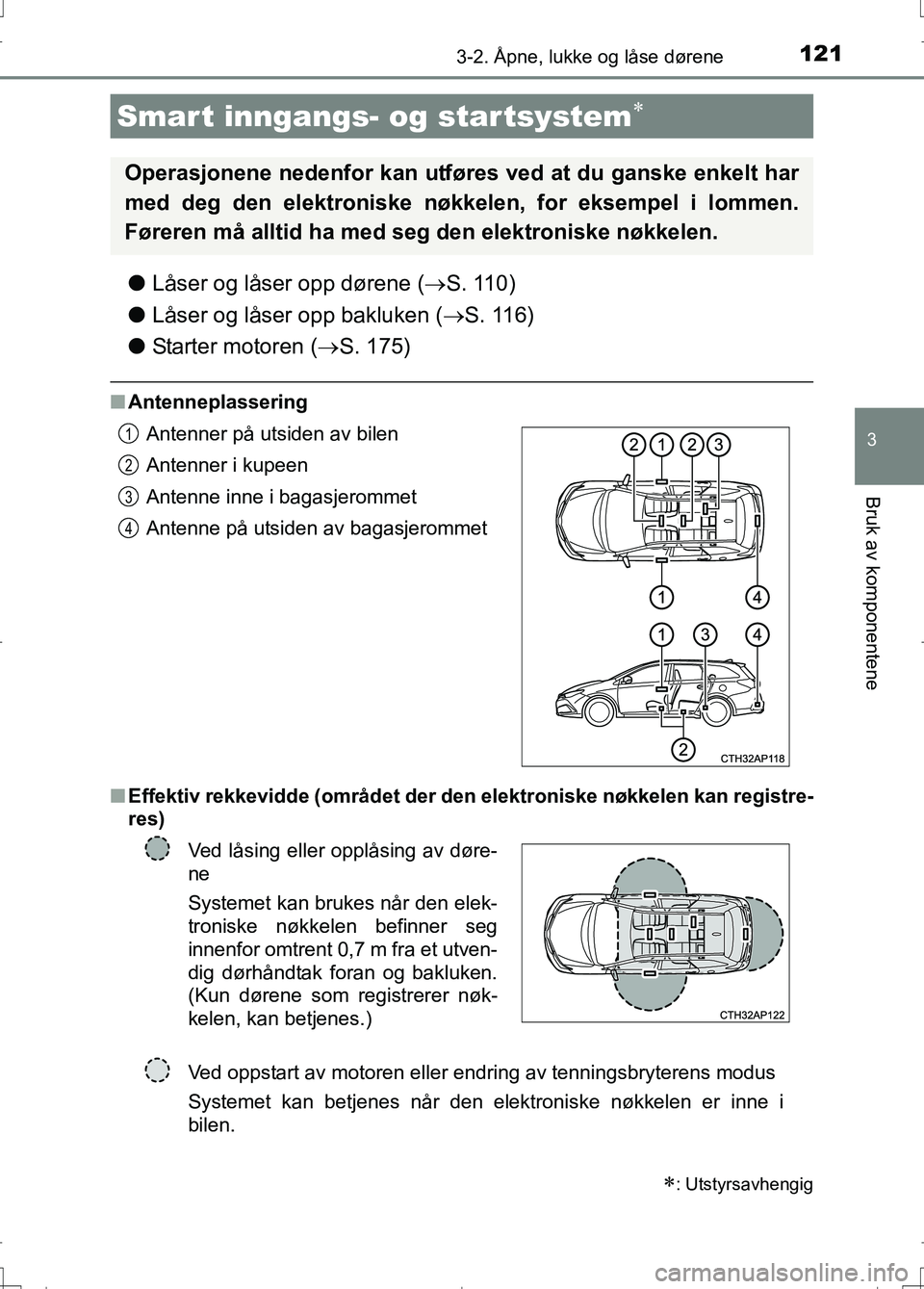 TOYOTA AURIS 2016 Instruksjoner for bruk (in Norwegian) 1213-2. Åpne, lukke og låse dørene
OM12J31NO
3
Bruk av komponentene
lLåser og låser opp dørene ( S. 110)
l Låser og låser opp bakluken ( S. 116)
l Starter motoren ( S. 175)
nAntennepl TOYOTA AURIS 2016 Instruksjoner for bruk (in Norwegian) 1213-2. Åpne, lukke og låse dørene
OM12J31NO
3
Bruk av komponentene
lLåser og låser opp dørene ( S. 110)
l Låser og låser opp bakluken ( S. 116)
l Starter motoren ( S. 175)
nAntennepl