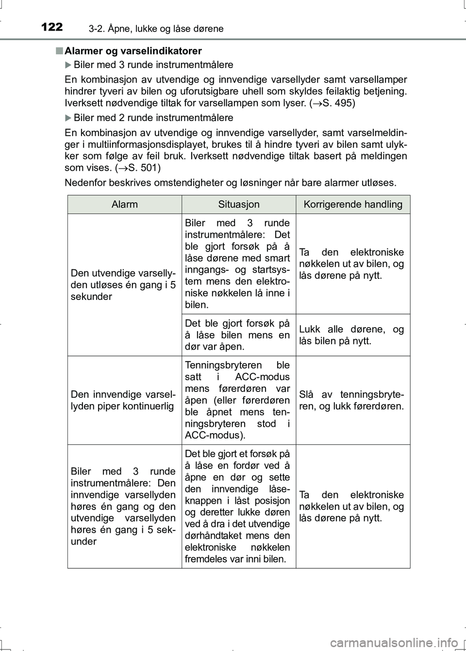TOYOTA AURIS 2016 Instruksjoner for bruk (in Norwegian) 1223-2. Åpne, lukke og låse dørene
OM12J31NOn
Alarmer og varselindikatorer
Biler med 3 runde instrumentmålere
En kombinasjon av utvendige og innvendige varsellyder samt varsellamper
hindrer tyv TOYOTA AURIS 2016 Instruksjoner for bruk (in Norwegian) 1223-2. Åpne, lukke og låse dørene
OM12J31NOn
Alarmer og varselindikatorer
Biler med 3 runde instrumentmålere
En kombinasjon av utvendige og innvendige varsellyder samt varsellamper
hindrer tyv