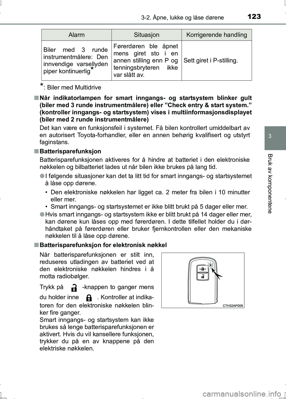 TOYOTA AURIS 2016 Instruksjoner for bruk (in Norwegian) 1233-2. Åpne, lukke og låse dørene
OM12J31NO
3
Bruk av komponentene
*: Biler med Multidrive
n Når indikatorlampen for smart inng angs- og startsystem blinker gult
(biler med 3 runde instrumentmål TOYOTA AURIS 2016 Instruksjoner for bruk (in Norwegian) 1233-2. Åpne, lukke og låse dørene
OM12J31NO
3
Bruk av komponentene
*: Biler med Multidrive
n Når indikatorlampen for smart inng angs- og startsystem blinker gult
(biler med 3 runde instrumentmål