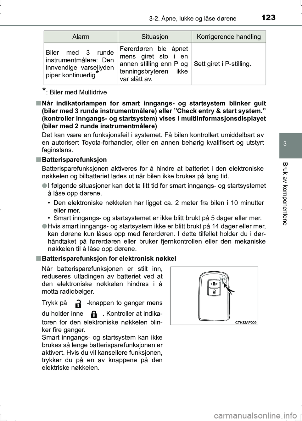 TOYOTA AURIS 2016  Instruksjoner for bruk (in Norwegian) 1233-2. Åpne, lukke og låse dørene
OM12J31NO
3
Bruk av komponentene
*: Biler med Multidrive
n Når indikatorlampen for smart inng angs- og startsystem blinker gult
(biler med 3 runde instrumentmål