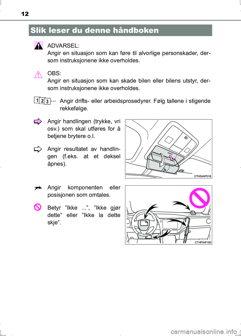 TOYOTA AURIS 2016 Instruksjoner for bruk (in Norwegian) 12
OM12J31NO
ADVARSEL:
Angir en situasjon som kan føre til alvorlige personskader, der-
som instruksjonene ikke overholdes.
OBS:
Angir en situasjon som kan skade bilen eller bilens utstyr, der-
som TOYOTA AURIS 2016 Instruksjoner for bruk (in Norwegian) 12
OM12J31NO
ADVARSEL:
Angir en situasjon som kan føre til alvorlige personskader, der-
som instruksjonene ikke overholdes.
OBS:
Angir en situasjon som kan skade bilen eller bilens utstyr, der-
som