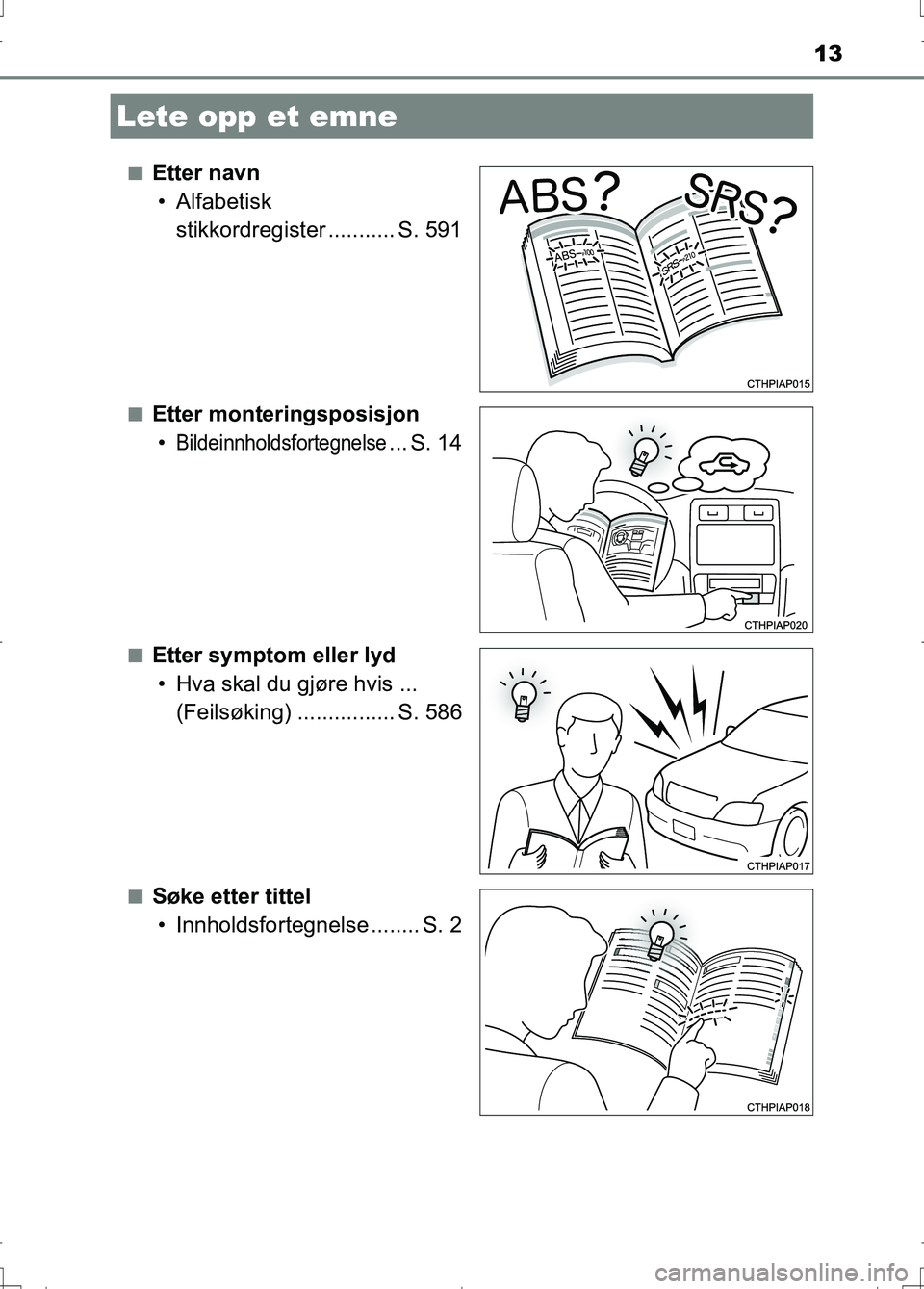 TOYOTA AURIS 2016 Instruksjoner for bruk (in Norwegian) 13
OM12J31NOn
Etter navn
• Alfabetisk stikkordregister ........... S. 591
nEtter monteringsposisjon•
Bildeinnholdsfortegnelse... S. 14
nEtter symptom eller lyd• Hva skal du gjøre hvis ... (Fe TOYOTA AURIS 2016 Instruksjoner for bruk (in Norwegian) 13
OM12J31NOn
Etter navn
• Alfabetisk stikkordregister ........... S. 591
nEtter monteringsposisjon•
Bildeinnholdsfortegnelse... S. 14
nEtter symptom eller lyd• Hva skal du gjøre hvis ... (Fe