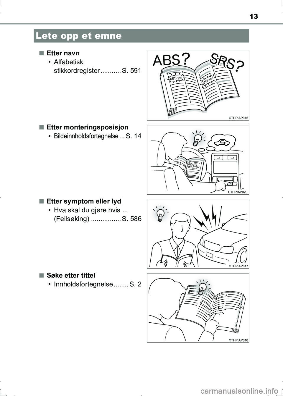 TOYOTA AURIS 2016  Instruksjoner for bruk (in Norwegian) 13
OM12J31NOn
Etter navn
• Alfabetisk  stikkordregister ........... S. 591
nEtter monteringsposisjon•
Bildeinnholdsfortegnelse... S. 14
nEtter symptom eller lyd• Hva skal du gjøre hvis ...  (Fe