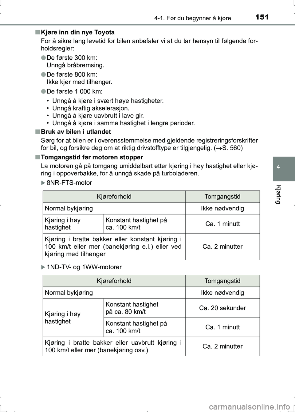 TOYOTA AURIS 2016 Instruksjoner for bruk (in Norwegian) 1514-1. Før du begynner å kjøre
OM12J31NO
4
Kjøring
nKjøre inn din nye Toyota
For å sikre lang levetid for bilen anbefaler vi at du tar hensyn til følgende for-
holdsregler:
lDe første 300 km: TOYOTA AURIS 2016 Instruksjoner for bruk (in Norwegian) 1514-1. Før du begynner å kjøre
OM12J31NO
4
Kjøring
nKjøre inn din nye Toyota
For å sikre lang levetid for bilen anbefaler vi at du tar hensyn til følgende for-
holdsregler:
lDe første 300 km: