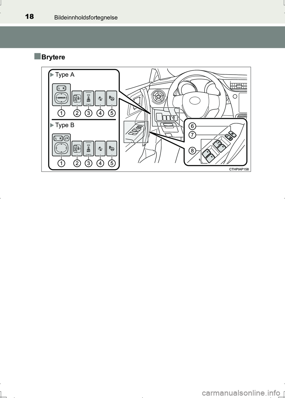 TOYOTA AURIS 2016 Instruksjoner for bruk (in Norwegian) 18Bildeinnholdsfortegnelse
OM12J31NO
nBrytere
Type A
Type B
AURIS Touring Sports_OM_NO_OM12J31NO.book Page 18 Wednesday, December 16, 2015 4:52 PM TOYOTA AURIS 2016 Instruksjoner for bruk (in Norwegian) 18Bildeinnholdsfortegnelse
OM12J31NO
nBrytere
Type A
Type B
AURIS Touring Sports_OM_NO_OM12J31NO.book Page 18 Wednesday, December 16, 2015 4:52 PM