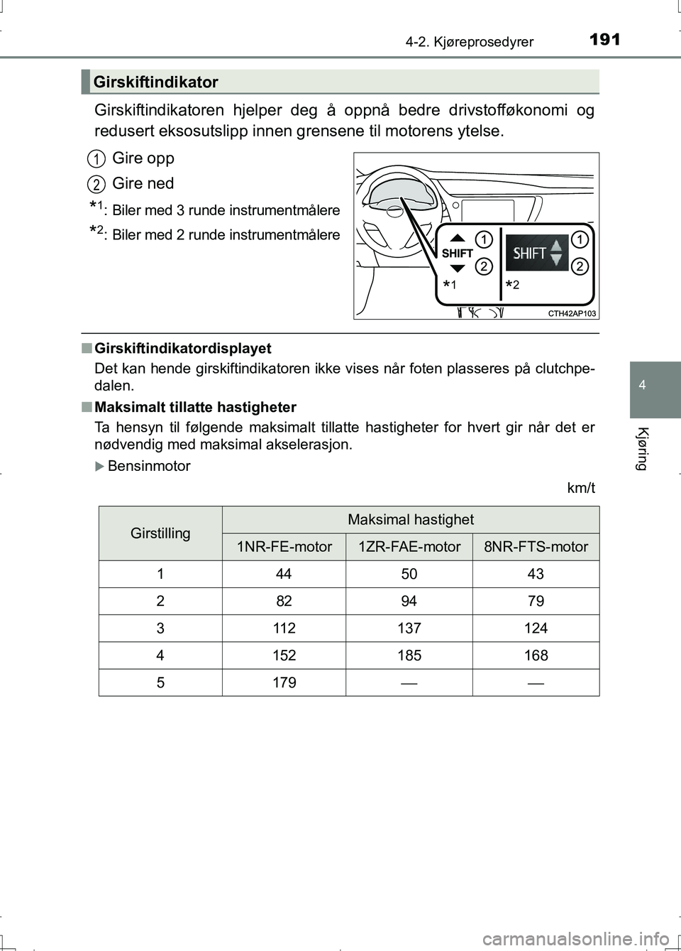 TOYOTA AURIS 2016 Instruksjoner for bruk (in Norwegian) 1914-2. Kjøreprosedyrer
OM12J31NO
4
Kjøring
Girskiftindikatoren hjelper deg å oppnå bedre drivstofføkonomi og
redusert eksosutslipp innen grensene til motorens ytelse.Gire opp
Gire ned
*1: Biler TOYOTA AURIS 2016 Instruksjoner for bruk (in Norwegian) 1914-2. Kjøreprosedyrer
OM12J31NO
4
Kjøring
Girskiftindikatoren hjelper deg å oppnå bedre drivstofføkonomi og
redusert eksosutslipp innen grensene til motorens ytelse.Gire opp
Gire ned
*1: Biler