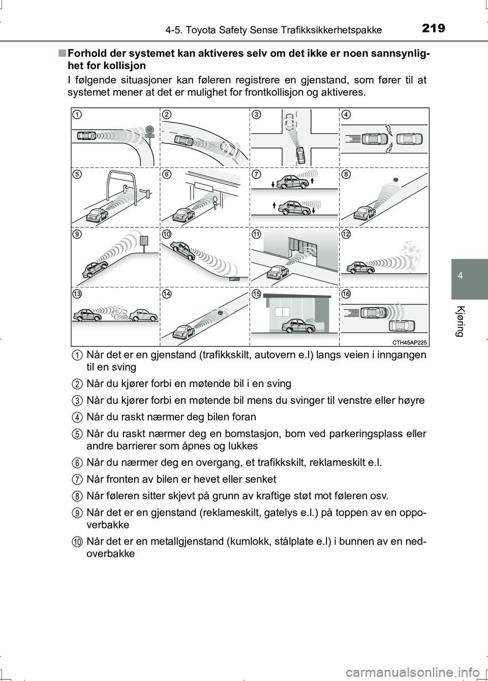 TOYOTA AURIS 2016 Instruksjoner for bruk (in Norwegian) 2194-5. Toyota Safety Sense Trafikksikkerhetspakke
OM12J31NO
4
Kjøring
nForhold der systemet kan aktiveres sel v om det ikke er noen sannsynlig-
het for kollisjon
I følgende situasjoner kan føleren TOYOTA AURIS 2016 Instruksjoner for bruk (in Norwegian) 2194-5. Toyota Safety Sense Trafikksikkerhetspakke
OM12J31NO
4
Kjøring
nForhold der systemet kan aktiveres sel v om det ikke er noen sannsynlig-
het for kollisjon
I følgende situasjoner kan føleren