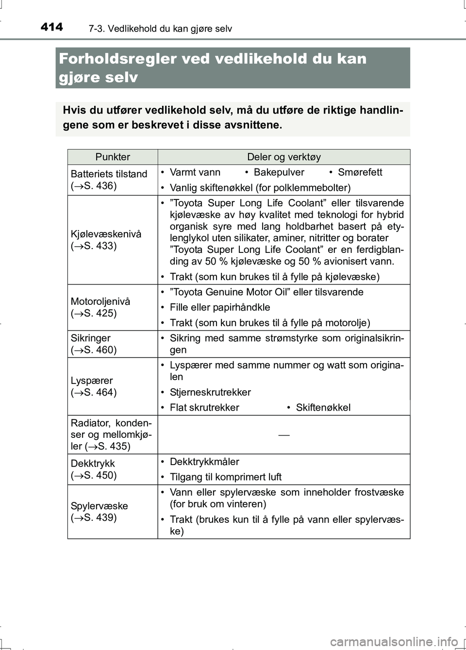 TOYOTA AURIS 2016 Instruksjoner for bruk (in Norwegian) 414
OM12J31NO
7-3. Vedlikehold du kan gjøre selv
Forholdsregler ved vedlikehold du kan
gjøre selv
Hvis du utfører vedlikehold selv, må du utføre de riktige handlin-
gene som er beskrevet i disse TOYOTA AURIS 2016 Instruksjoner for bruk (in Norwegian) 414
OM12J31NO
7-3. Vedlikehold du kan gjøre selv
Forholdsregler ved vedlikehold du kan
gjøre selv
Hvis du utfører vedlikehold selv, må du utføre de riktige handlin-
gene som er beskrevet i disse