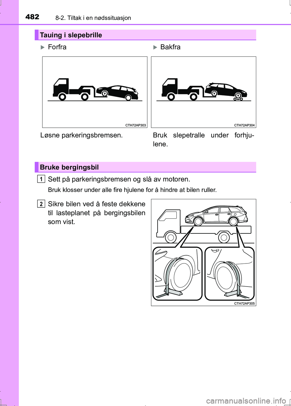 TOYOTA AURIS 2016 Instruksjoner for bruk (in Norwegian) 4828-2. Tiltak i en nødssituasjon
OM12J31NO
Sett på parkeringsbremsen og slå av motoren.
Bruk klosser under alle fire hjulene for å hindre at bilen ruller.
Sikre bilen ved å feste dekkene
til las TOYOTA AURIS 2016 Instruksjoner for bruk (in Norwegian) 4828-2. Tiltak i en nødssituasjon
OM12J31NO
Sett på parkeringsbremsen og slå av motoren.
Bruk klosser under alle fire hjulene for å hindre at bilen ruller.
Sikre bilen ved å feste dekkene
til las