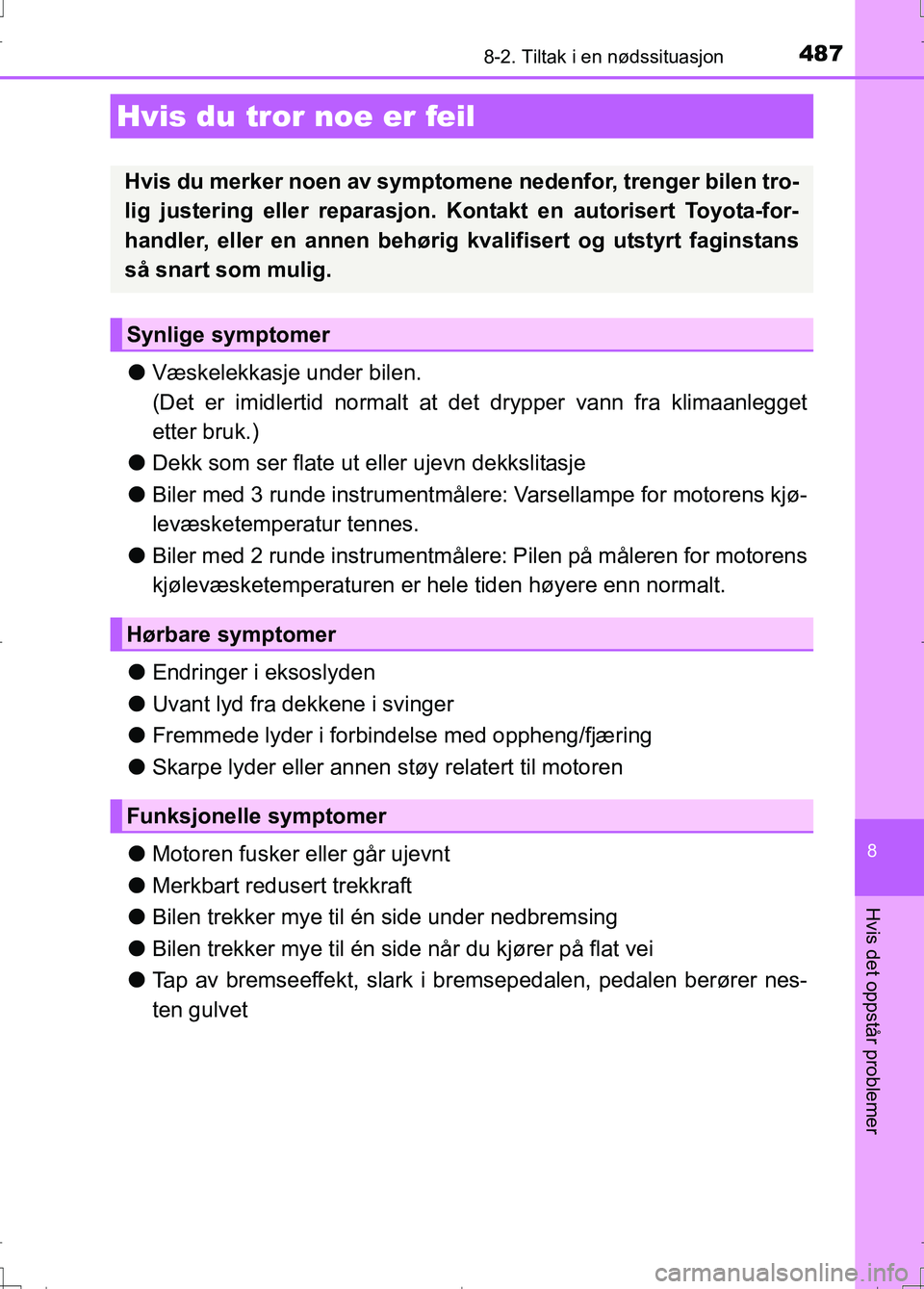 TOYOTA AURIS 2016  Instruksjoner for bruk (in Norwegian) 4878-2. Tiltak i en nødssituasjon
OM12J31NO
8
Hvis det oppstår problemer
lVæskelekkasje under bilen.
(Det er imidlertid normalt at  det drypper vann fra klimaanlegget
etter bruk.)
l Dekk som ser fl