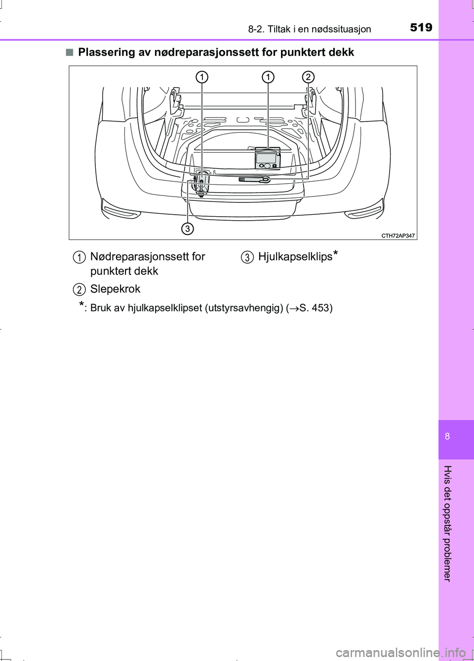 TOYOTA AURIS 2016  Instruksjoner for bruk (in Norwegian) 5198-2. Tiltak i en nødssituasjon
OM12J31NO
8
Hvis det oppstår problemer
nPlassering av nødreparasjonssett for punktert dekk
*: Bruk av hjulkapselklipset (utstyrsavhengig) (S. 453)
Nødreparasjo