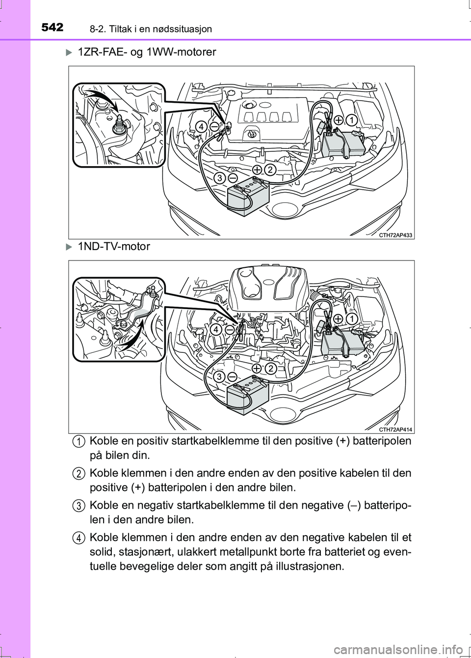 TOYOTA AURIS 2016 Instruksjoner for bruk (in Norwegian) 5428-2. Tiltak i en nødssituasjon
OM12J31NO
1ZR-FAE- og 1WW-motorer
1ND-TV-motorKoble en positiv startkabelklemme til den positive (+) batteripolen
på bilen din.
Koble klemmen i den andre ende TOYOTA AURIS 2016 Instruksjoner for bruk (in Norwegian) 5428-2. Tiltak i en nødssituasjon
OM12J31NO
1ZR-FAE- og 1WW-motorer
1ND-TV-motorKoble en positiv startkabelklemme til den positive (+) batteripolen
på bilen din.
Koble klemmen i den andre ende