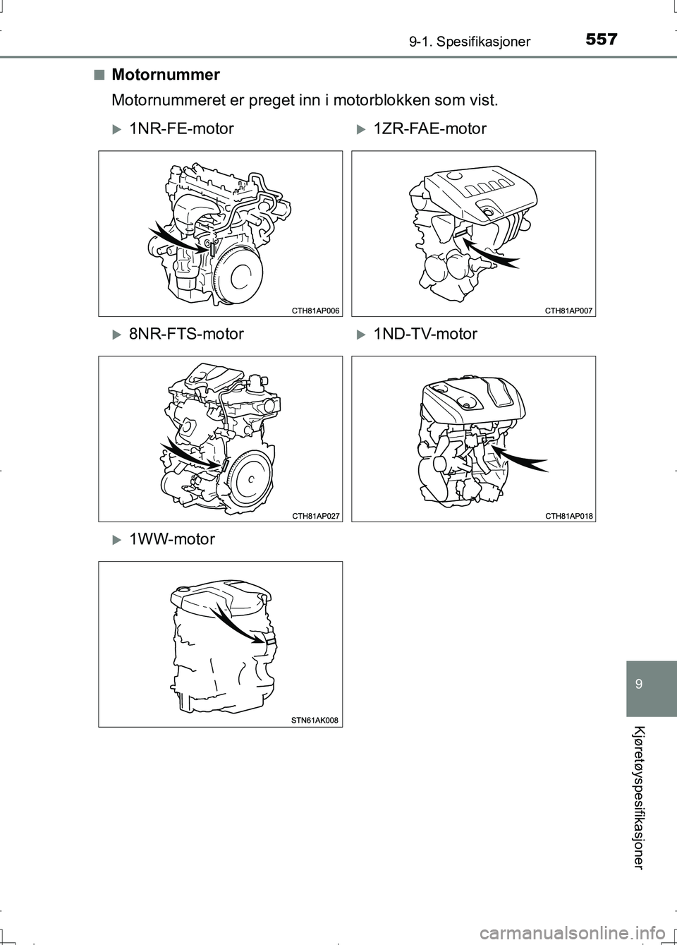 TOYOTA AURIS 2016  Instruksjoner for bruk (in Norwegian) 5579-1. Spesifikasjoner
OM12J31NO
9
Kjøretøyspesifikasjoner
nMotornummer
Motornummeret er preget inn i motorblokken som vist.
1NR-FE-motor1ZR-FAE-motor
8NR-FTS-motor1ND-TV-motor
1WW-m