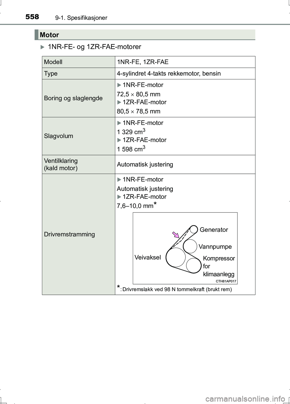 TOYOTA AURIS 2016  Instruksjoner for bruk (in Norwegian) 5589-1. Spesifikasjoner
OM12J31NO
1NR-FE- og 1ZR-FAE-motorer
Motor
Modell1NR-FE, 1ZR-FAE
Ty p e4-sylindret 4-takts rekkemotor, bensin
Boring og slaglengde
1NR-FE-motor
72,5   80,5 mm
1ZR-F