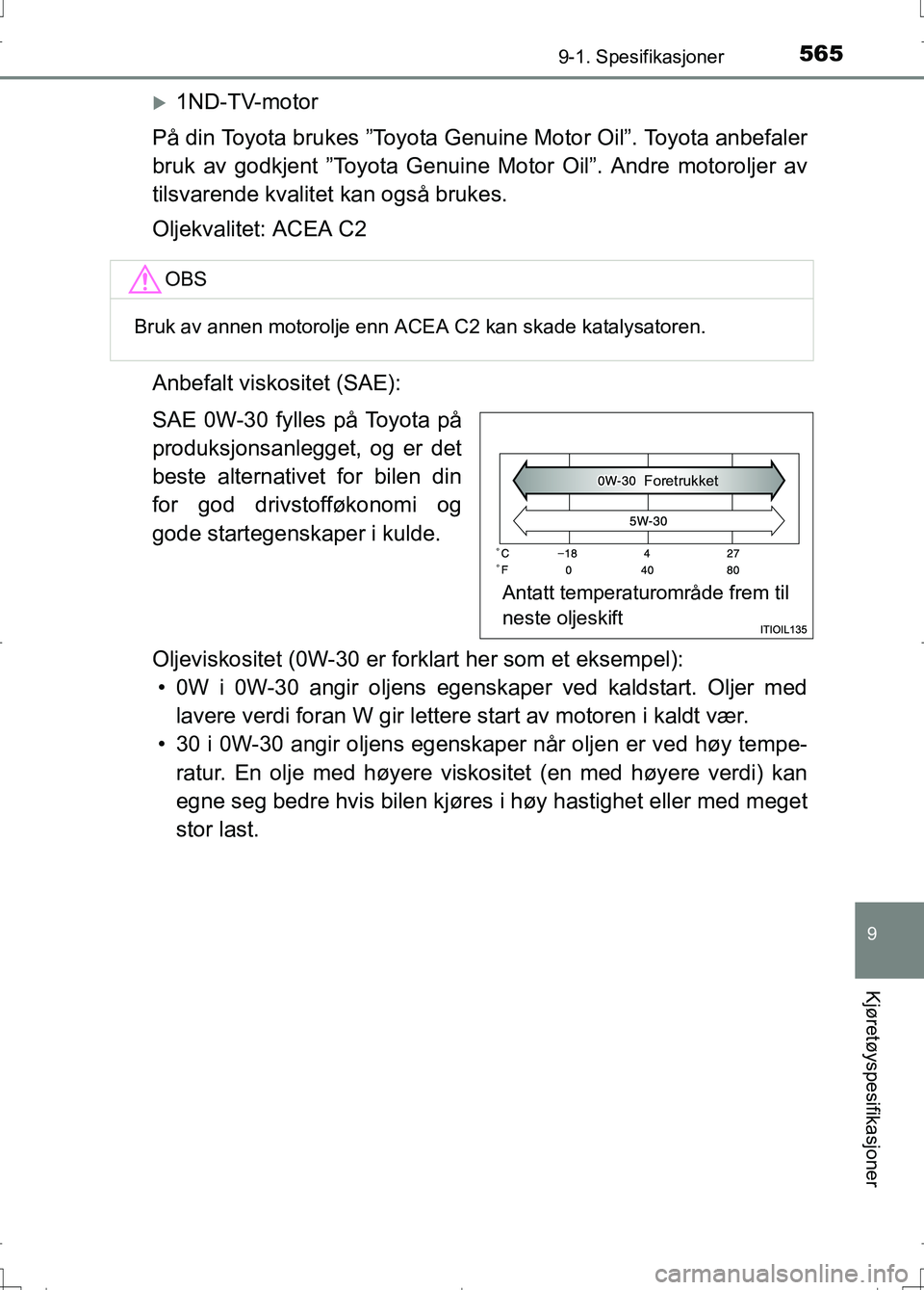 TOYOTA AURIS 2016  Instruksjoner for bruk (in Norwegian) 5659-1. Spesifikasjoner
OM12J31NO
9
Kjøretøyspesifikasjoner
1ND-TV-motor
På din Toyota brukes ”Toyota Genuine Motor Oil”. Toyota anbefaler
bruk av godkjent ”Toyota Genui ne Motor Oil”. A