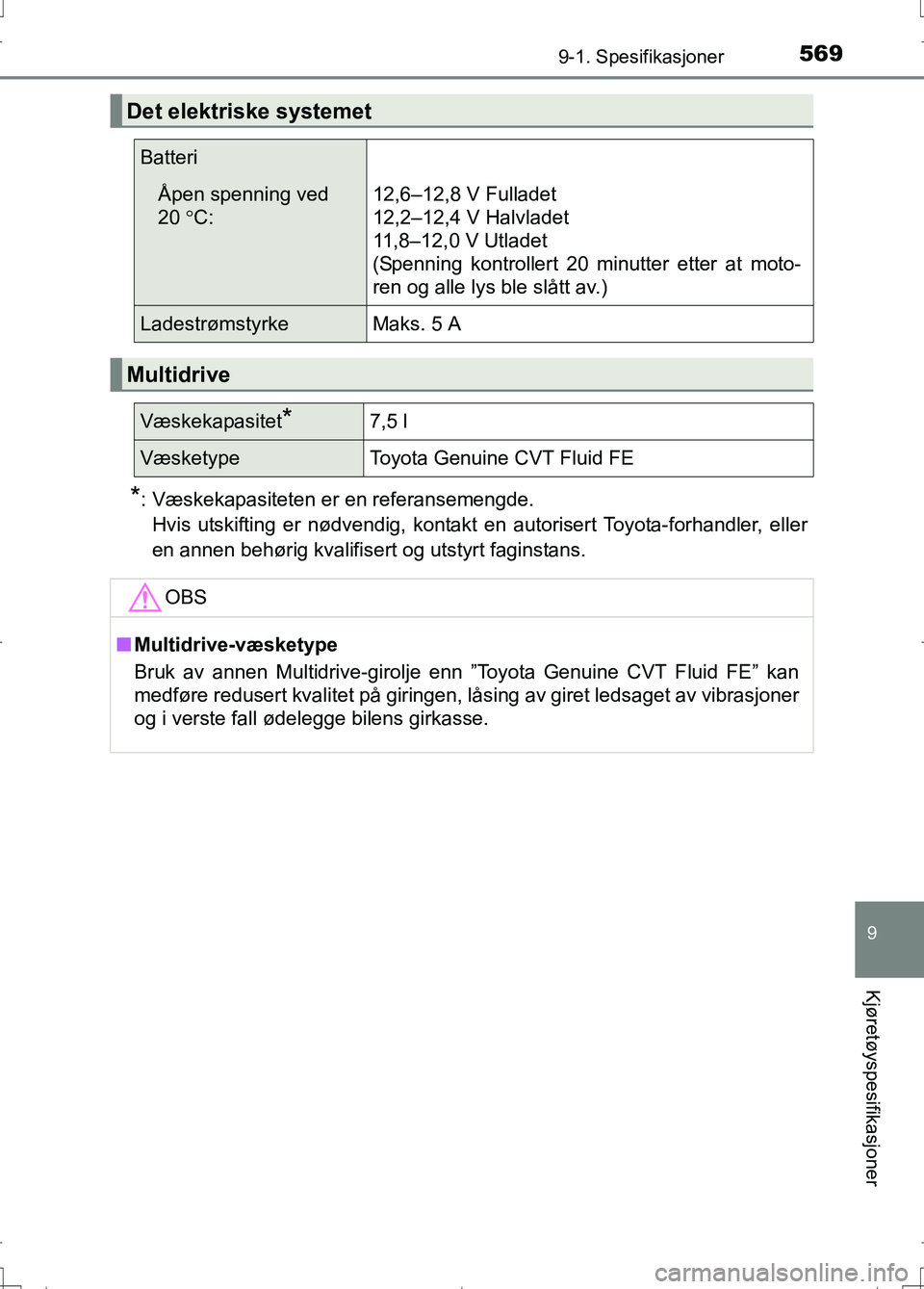 TOYOTA AURIS 2016  Instruksjoner for bruk (in Norwegian) 5699-1. Spesifikasjoner
OM12J31NO
9
Kjøretøyspesifikasjoner
*: Væskekapasiteten er en referansemengde.Hvis utskifting er nødvendig, kontak t en autorisert Toyota-forhandler, eller
en annen behøri