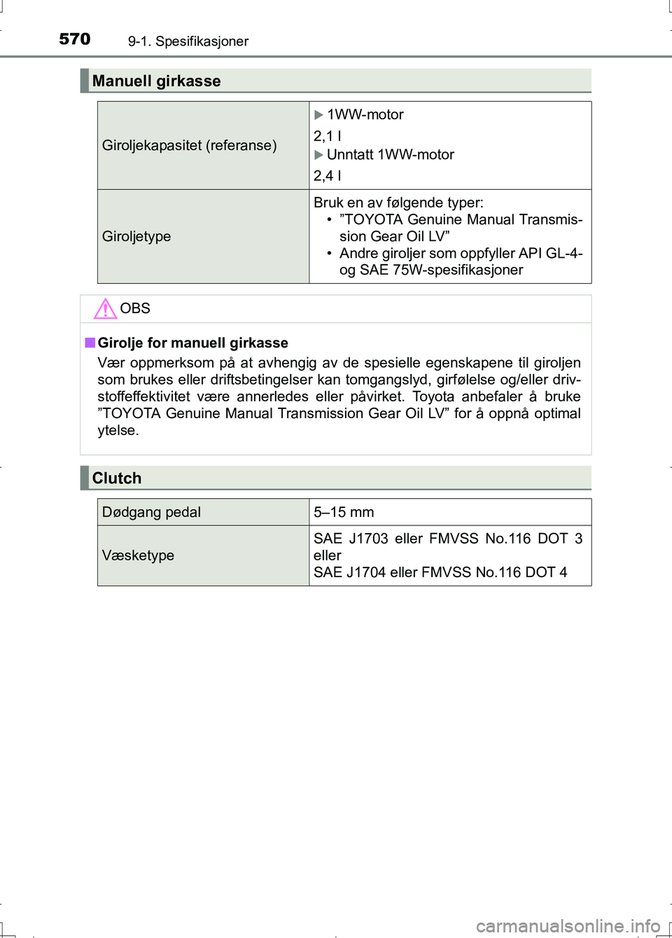 TOYOTA AURIS 2016  Instruksjoner for bruk (in Norwegian) 5709-1. Spesifikasjoner
OM12J31NO
Manuell girkasse
Giroljekapasitet (referanse)
1WW-motor
2,1 l
Unntatt 1WW-motor
2,4 l
Giroljetype Bruk en av følgende typer:
• ”TOYOTA Genuine Manual Trans