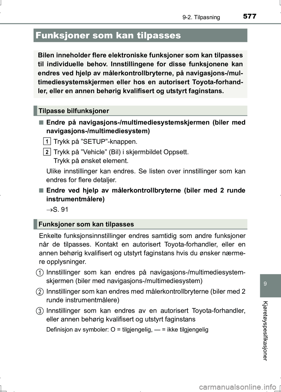 TOYOTA AURIS 2016 Instruksjoner for bruk (in Norwegian) 577
OM12J31NO
9
Kjøretøyspesifikasjoner
9-2. Tilpasning
nEndre på navigasjons-/multimediesystemskjermen (biler med
navigasjons-/mult imediesystem)
Trykk på ”SETUP”-knappen.
Trykk på ”Vehicl TOYOTA AURIS 2016 Instruksjoner for bruk (in Norwegian) 577
OM12J31NO
9
Kjøretøyspesifikasjoner
9-2. Tilpasning
nEndre på navigasjons-/multimediesystemskjermen (biler med
navigasjons-/mult imediesystem)
Trykk på ”SETUP”-knappen.
Trykk på ”Vehicl