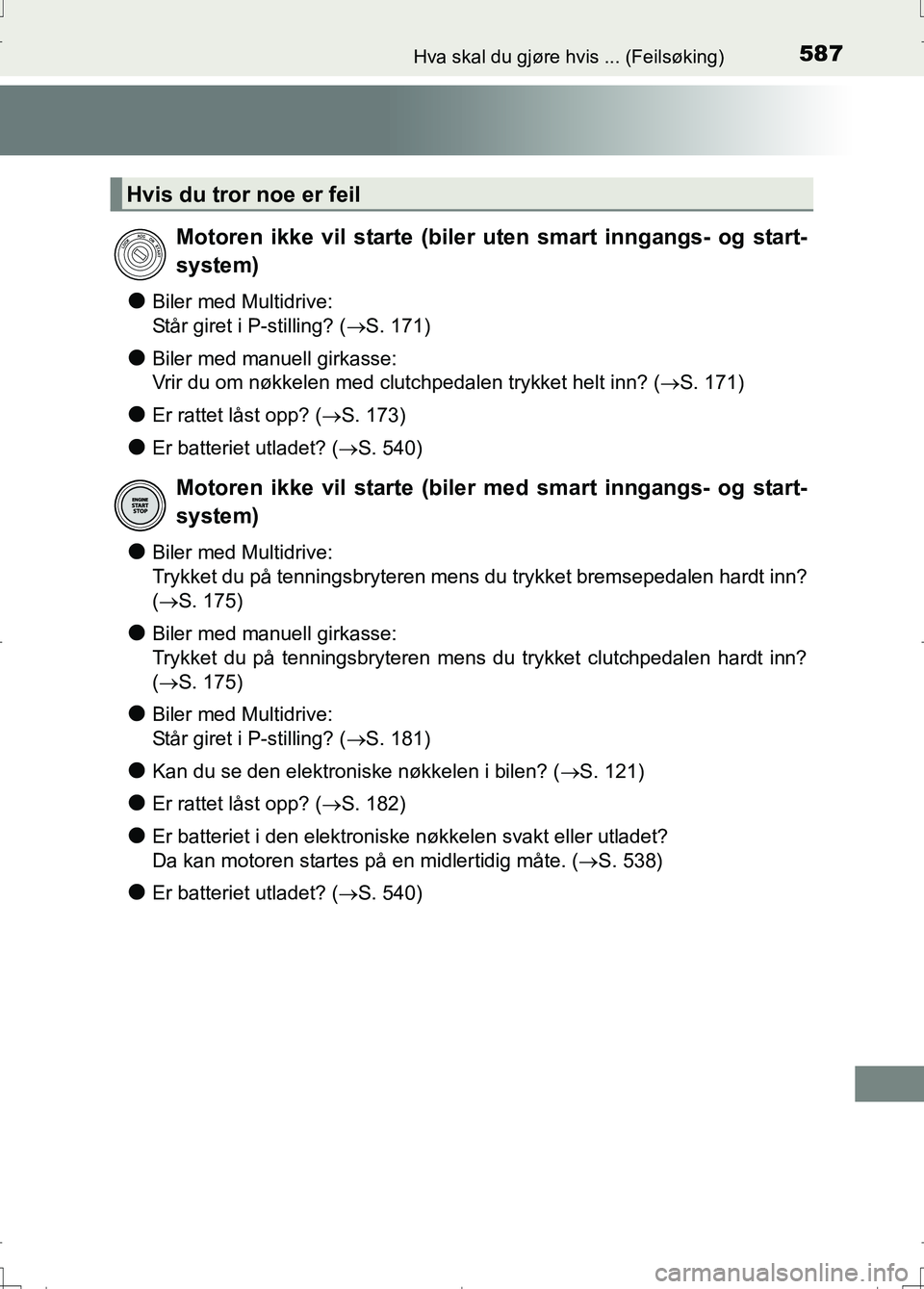 TOYOTA AURIS 2016 Instruksjoner for bruk (in Norwegian) 587Hva skal du gjøre hvis ... (Feilsøking)
OM12J31NO
lBiler med Multidrive:
Står giret i P-stilling? (S. 171)
lBiler med manuell girkasse:
Vrir du om nøkkelen med clutchpedalen trykket helt inn TOYOTA AURIS 2016 Instruksjoner for bruk (in Norwegian) 587Hva skal du gjøre hvis ... (Feilsøking)
OM12J31NO
lBiler med Multidrive:
Står giret i P-stilling? (S. 171)
lBiler med manuell girkasse:
Vrir du om nøkkelen med clutchpedalen trykket helt inn