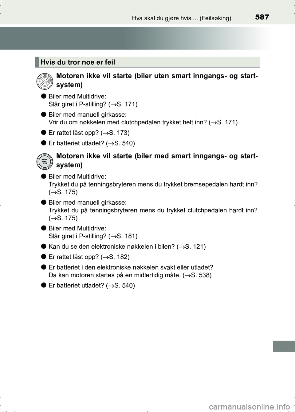 TOYOTA AURIS 2016  Instruksjoner for bruk (in Norwegian) 587Hva skal du gjøre hvis ... (Feilsøking)
OM12J31NO
lBiler med Multidrive:
Står giret i P-stilling? (S. 171)
lBiler med manuell girkasse:
Vrir du om nøkkelen med clutchpedalen trykket helt inn