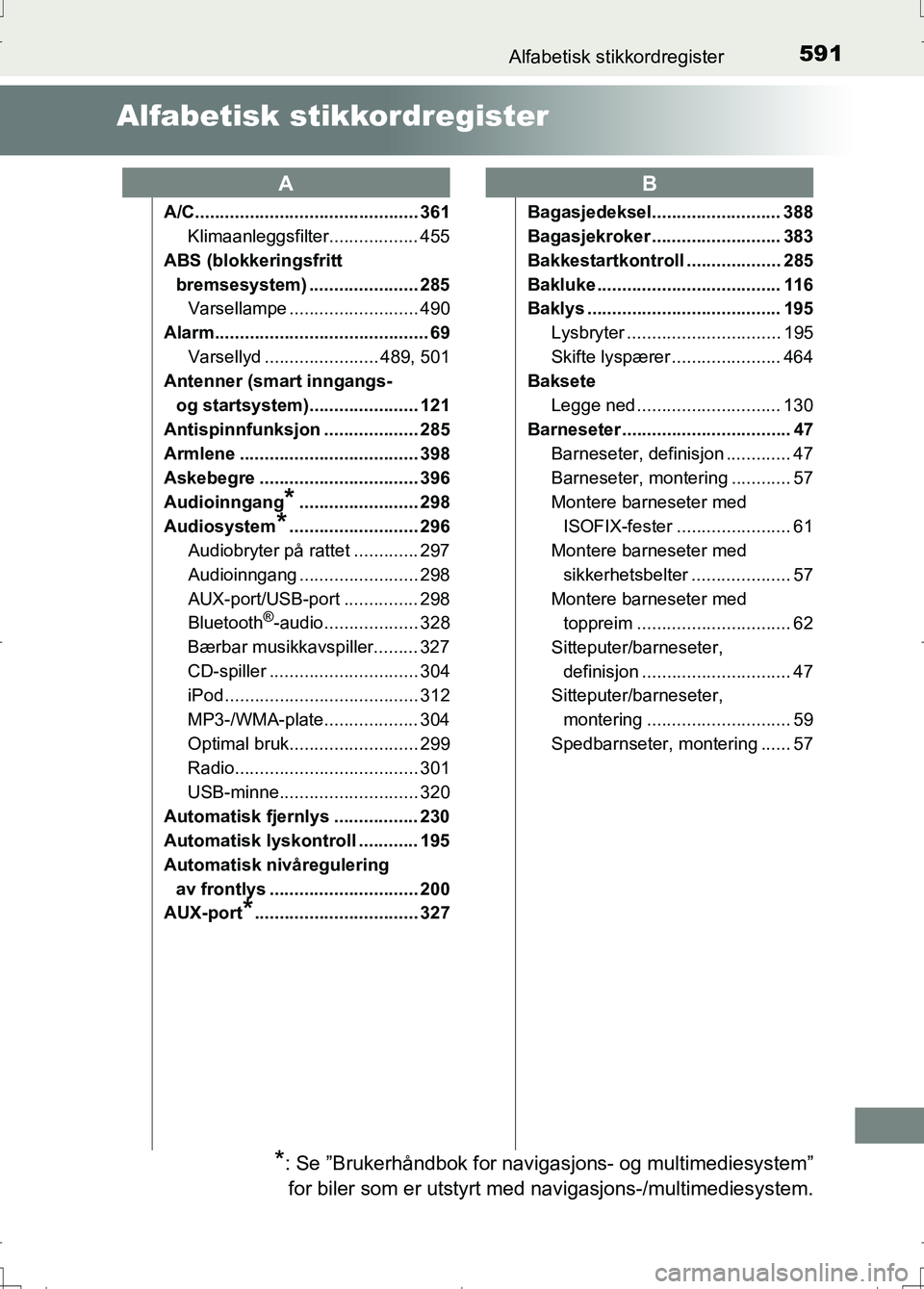 TOYOTA AURIS 2016  Instruksjoner for bruk (in Norwegian) 591
OM12J31NO
Alfabetisk stikkordregister
Alfabetisk stikkordregister
A/C............................................. 361Klimaanleggsfilter.................. 455
ABS (blokkeringsfritt  bremsesystem) 